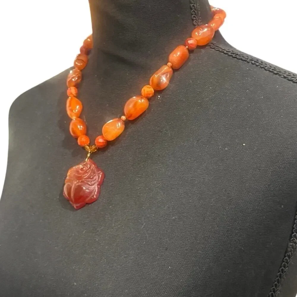 Vintage Korea Carnelian Rose Pendant Necklace Hand Carved Statement Floral 111g